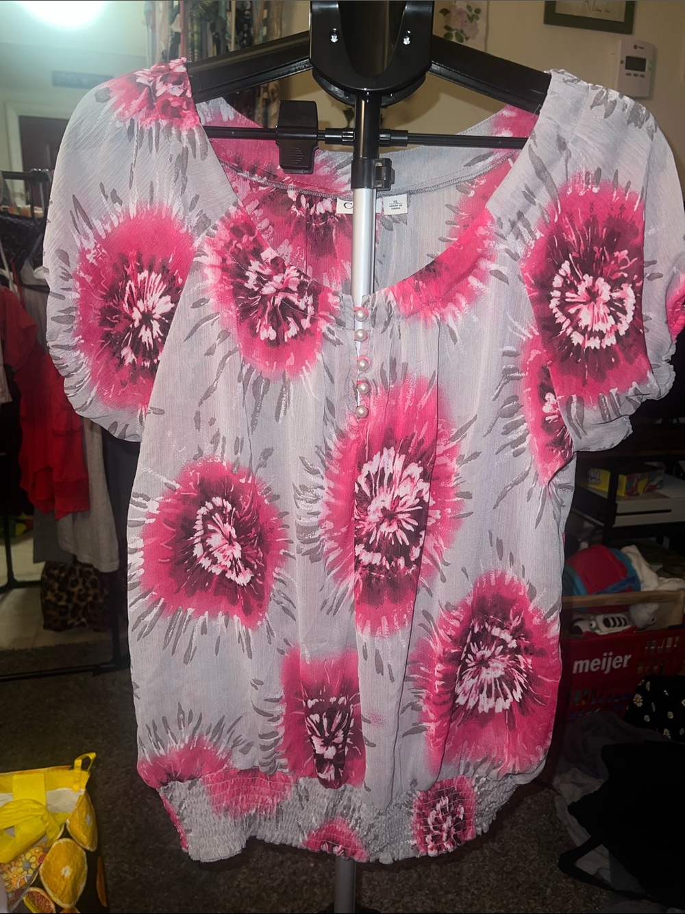 Cato Pink and Gray Floral Puff-Sleeve Blouse - Sheer